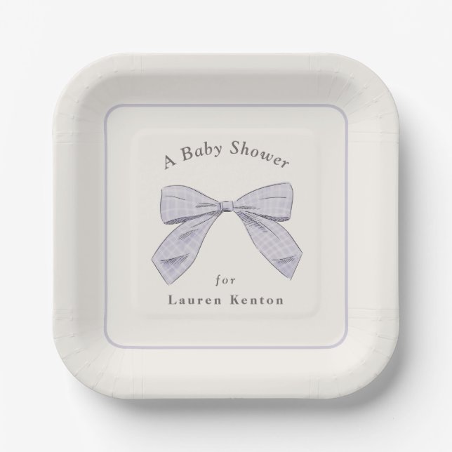 Light Purple Plaid Bow Elegant Neutral Baby Shower Paper Plates (Front)