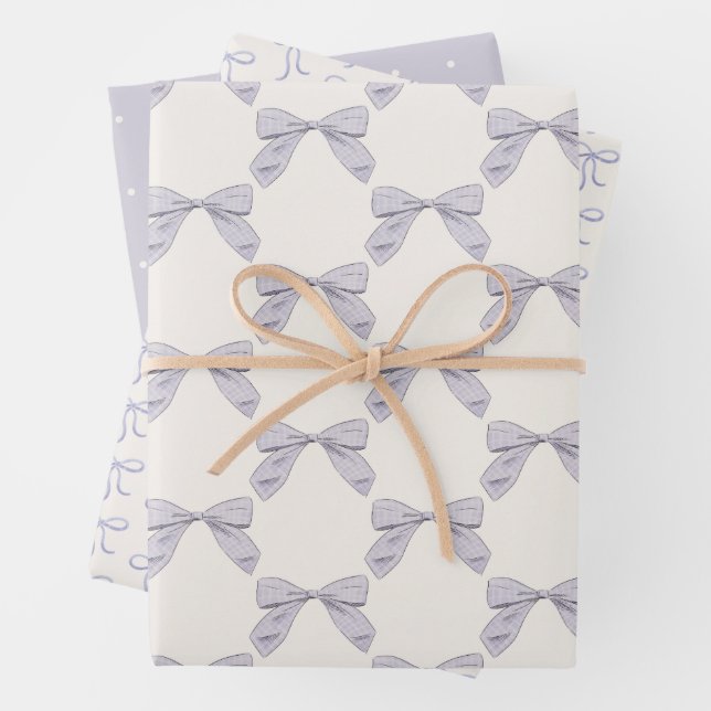 Light Purple Plaid Bow Elegant Neutral Baby Shower Wrapping Paper Sheets (In situ)