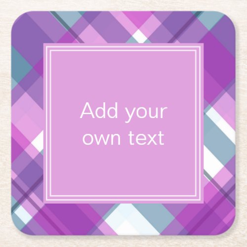 Light Purple Plaid Custom Text Square Paper Coaster
