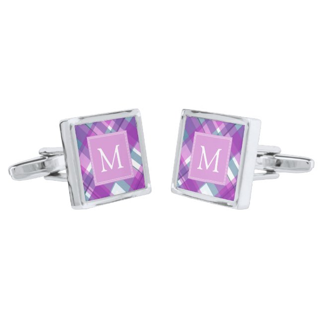 Light Purple Plaid Monogram Cufflinks (Angled)