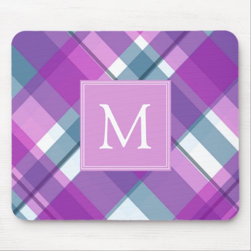 Light Purple Plaid Monogram Mouse Pad