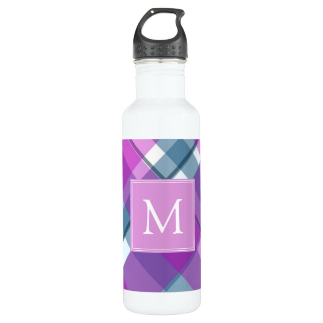 Light Purple Plaid Monogram Stainless Steel Water Bottle (Front)