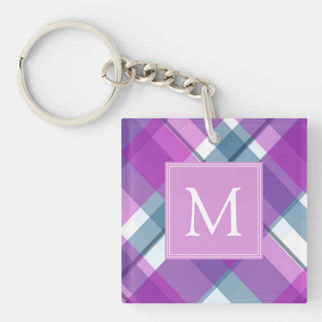 Light Purple Plaid Monogrammed Keychain (Front)