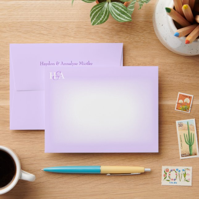 Light Purple, Pre-addressed Monogram Wedding Envelope (Desk)