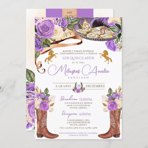 Light Purple Rose Fancy Western Charro Quinceanera Invitation