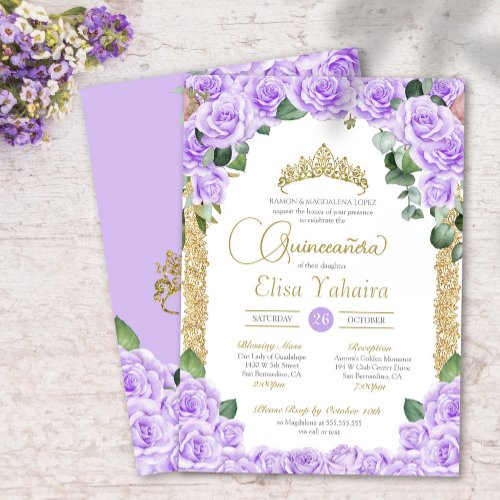 Light Purple Rose Floral Gold Elegant Quinceanera Invitation