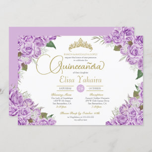 Light Purple Rose Floral Gold Tiara Quinceanera Invitation