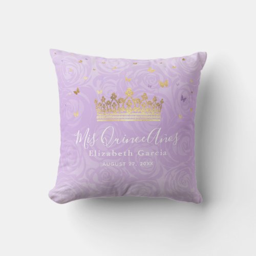 Light Purple Roses Gold Crown Mis Quince Anos Throw Pillow