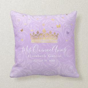 Light Purple Roses Gold Crown Mis Quince Anos Throw Pillow