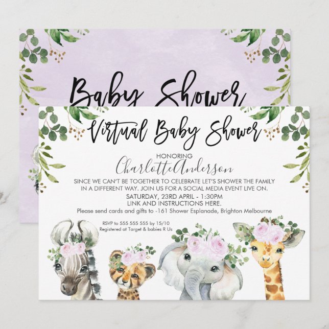 Light Purple Safari Virtual Baby Shower Invitation (Front/Back)