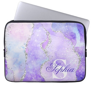 Light Purple & Silver Fake Glitter Agate Monogram Laptop Sleeve