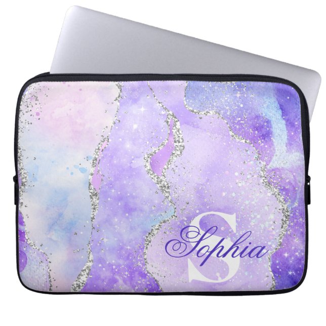 Light Purple & Silver Fake Glitter Agate Monogram Laptop Sleeve (Front)