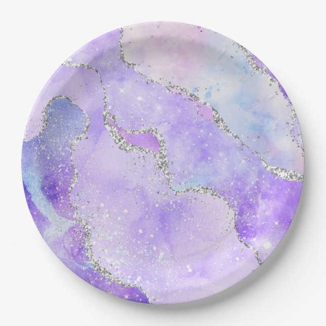 Light Purple & Silver Faux Glitter Pastel Agate Paper Plates (Front)
