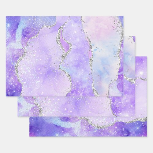Light Purple  Silver Faux Glitter Pastel Agate Wrapping Paper Sheets