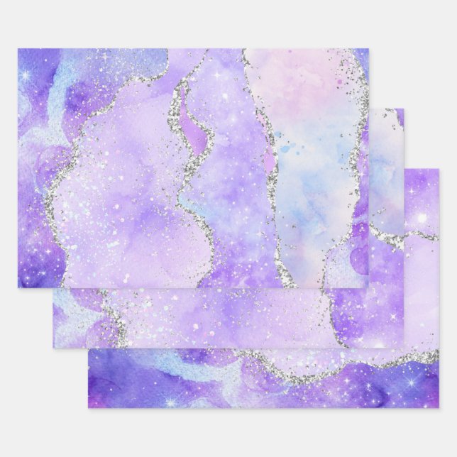 Light Purple & Silver Faux Glitter Pastel Agate Wrapping Paper Sheets (Set)