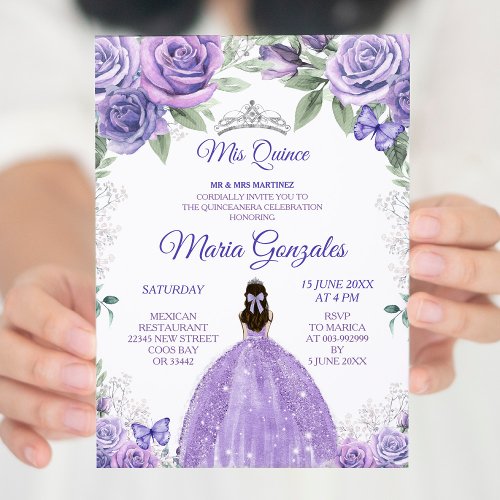 Light Purple  Silver Floral Charra Mis XV Anos Invitation