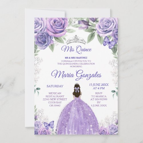 Light Purple  Silver Floral Charra Mis XV Anos Invitation