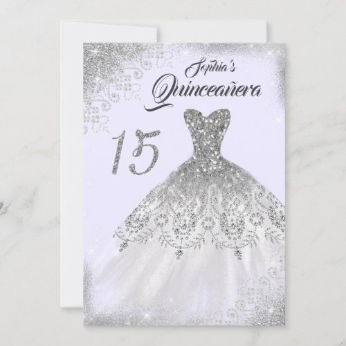 Light Purple Silver Lace Diamond Gown Quinceanera Invitation
