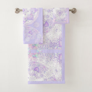 light purple snowflake & glittering heart bath towel set