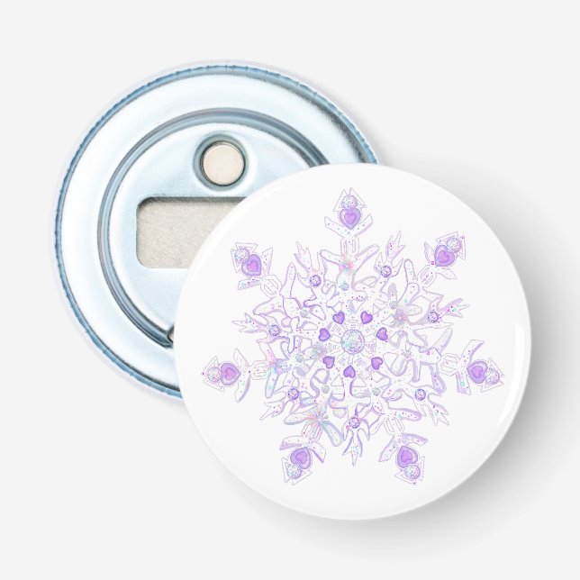 light purple snowflake & glittering heart bottle opener (Front)