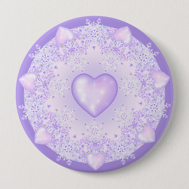 light purple snowflake & glittering heart button (Front)