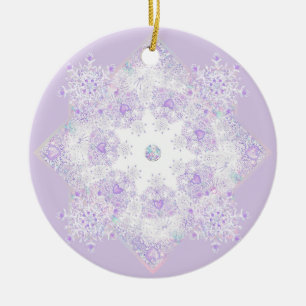 light purple snowflake & glittering heart ceramic ornament