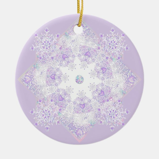 light purple snowflake & glittering heart ceramic ornament (Front)