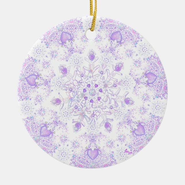 light purple snowflake & glittering heart ceramic ornament (Front)