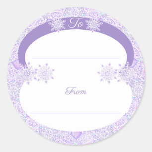 light purple snowflake & glittering heart classic round sticker