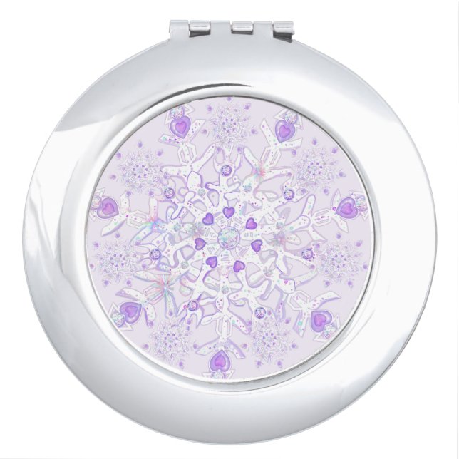 light purple snowflake & glittering heart compact mirror (Front)