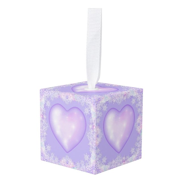 light purple snowflake & glittering heart cube ornament (Front Angled)