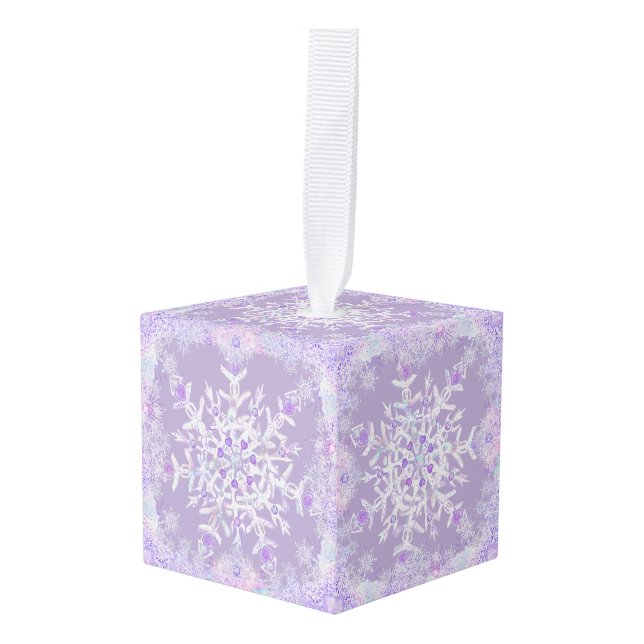 light purple snowflake & glittering heart cube ornament (Front Angled)