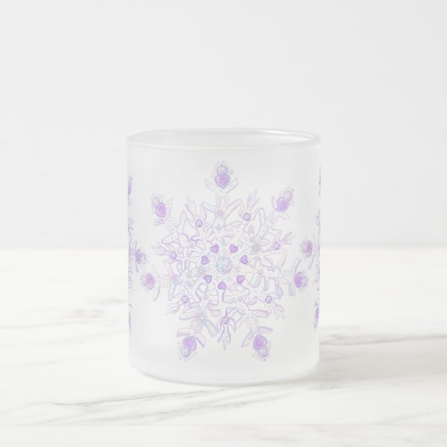 light purple snowflake & glittering heart frosted glass coffee mug (Center)