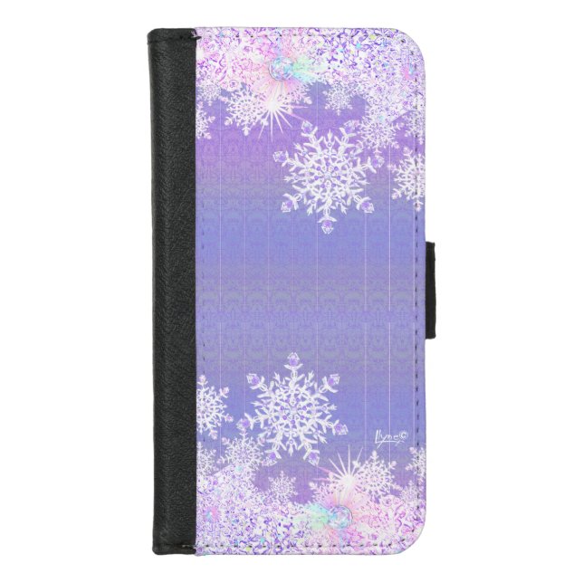 light purple snowflake & glittering heart iPhone wallet case (Front)