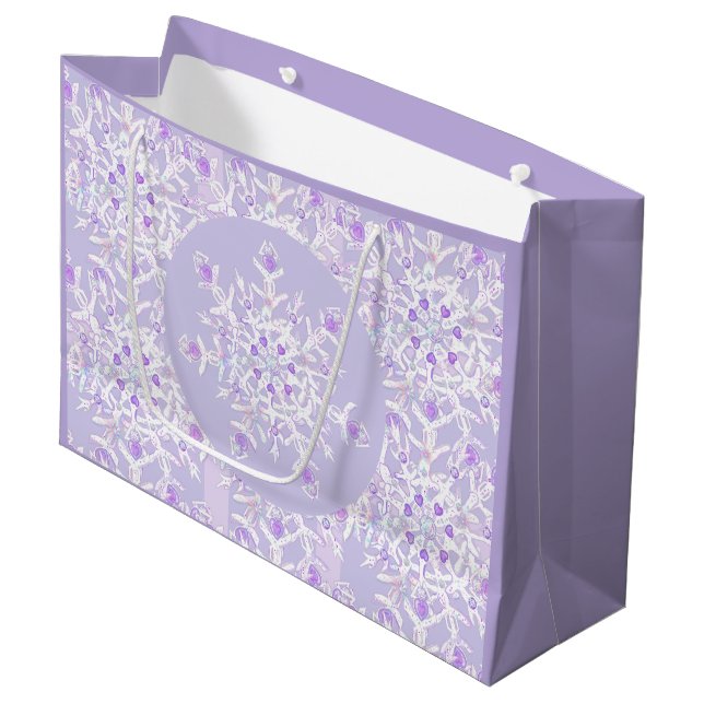 light purple snowflake & glittering heart large gift bag (Front Angled)