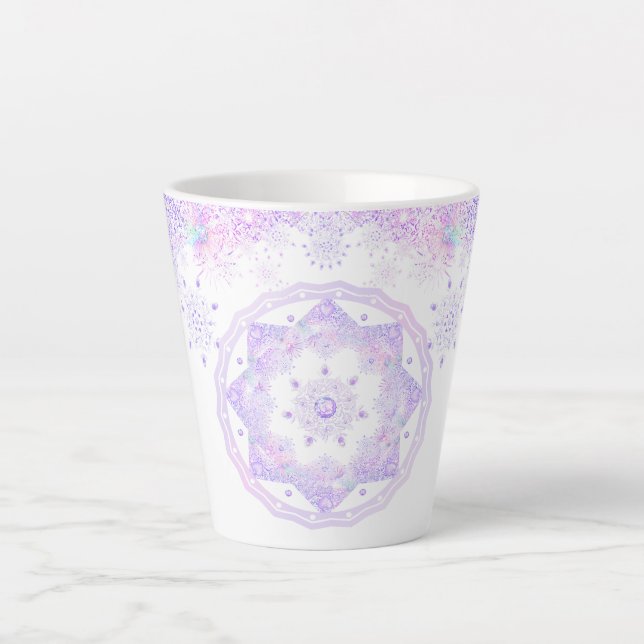 light purple snowflake & glittering heart latte mug (Front)