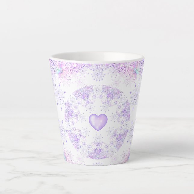 light purple snowflake & glittering heart latte mug (Front)
