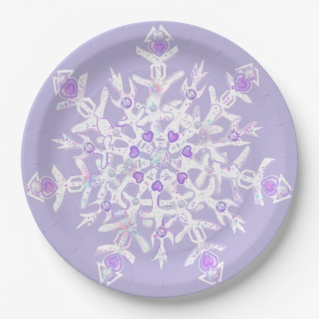 light purple snowflake & glittering heart paper plates (Front)