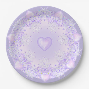 light purple snowflake & glittering heart paper plates