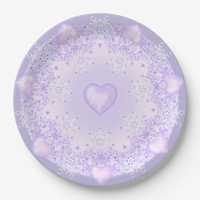 light purple snowflake & glittering heart paper plates (Front)