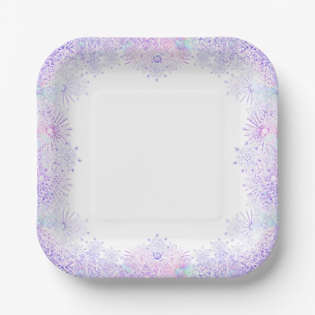 light purple snowflake & glittering heart paper plates (Front)