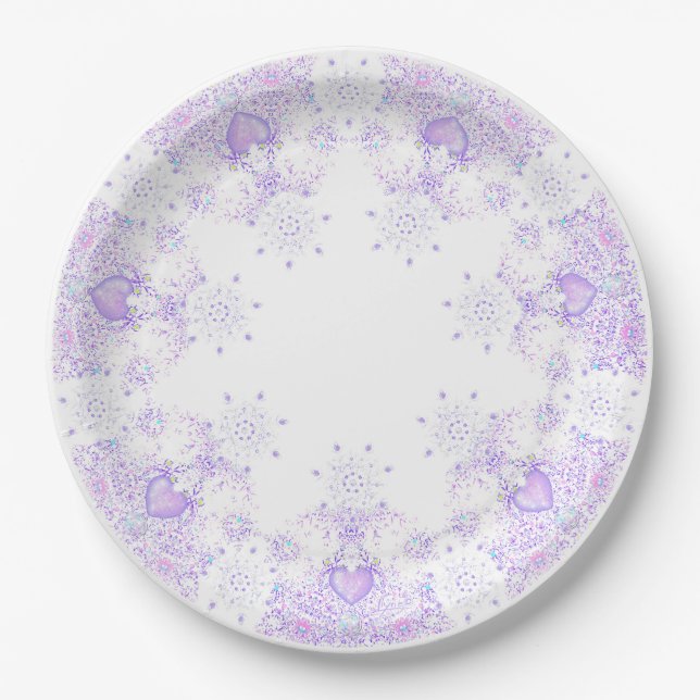 light purple snowflake & glittering heart paper plates (Front)