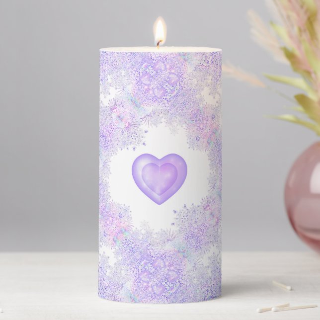 light purple snowflake & glittering heart pillar candle (In Situ)