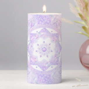light purple snowflake & glittering heart pillar candle