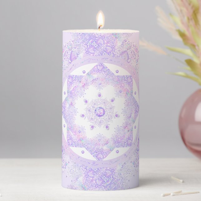 light purple snowflake & glittering heart pillar candle (In Situ)