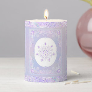 light purple snowflake & glittering heart pillar candle