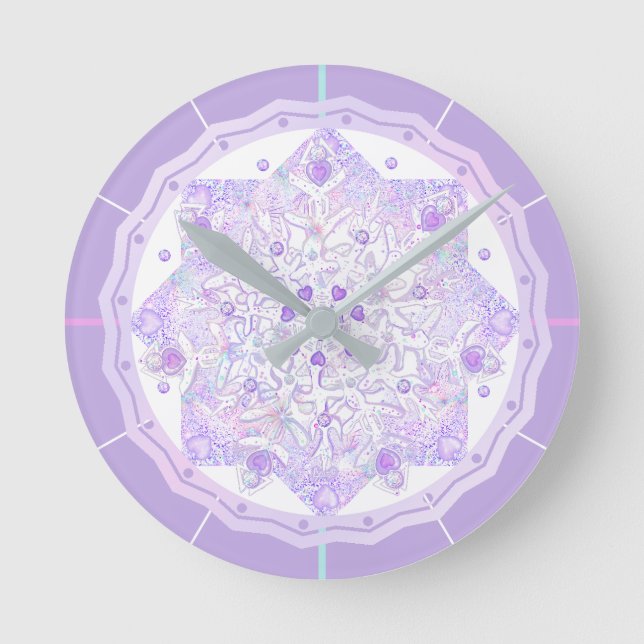 light purple snowflake & glittering heart round clock (Front)