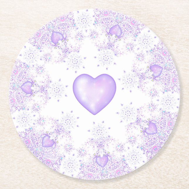 light purple snowflake & glittering heart round paper coaster (Front)