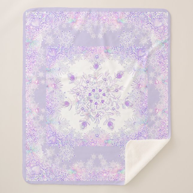 light purple snowflake & glittering heart sherpa blanket (Front)