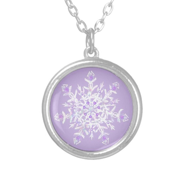 light purple snowflake & glittering heart silver plated necklace (Front)